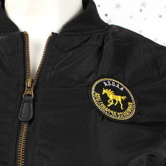 Fur Lined Short Bomber Jacket Patches Black - Picture 6 of 12